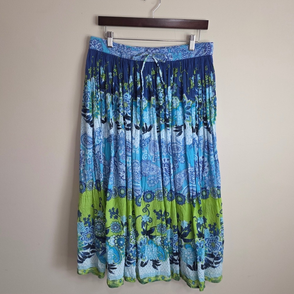 Take Two Clothing‎ Cotton Peasant Skirt Womens Large Blue Green Floral Boho - Picture 2 of 11
